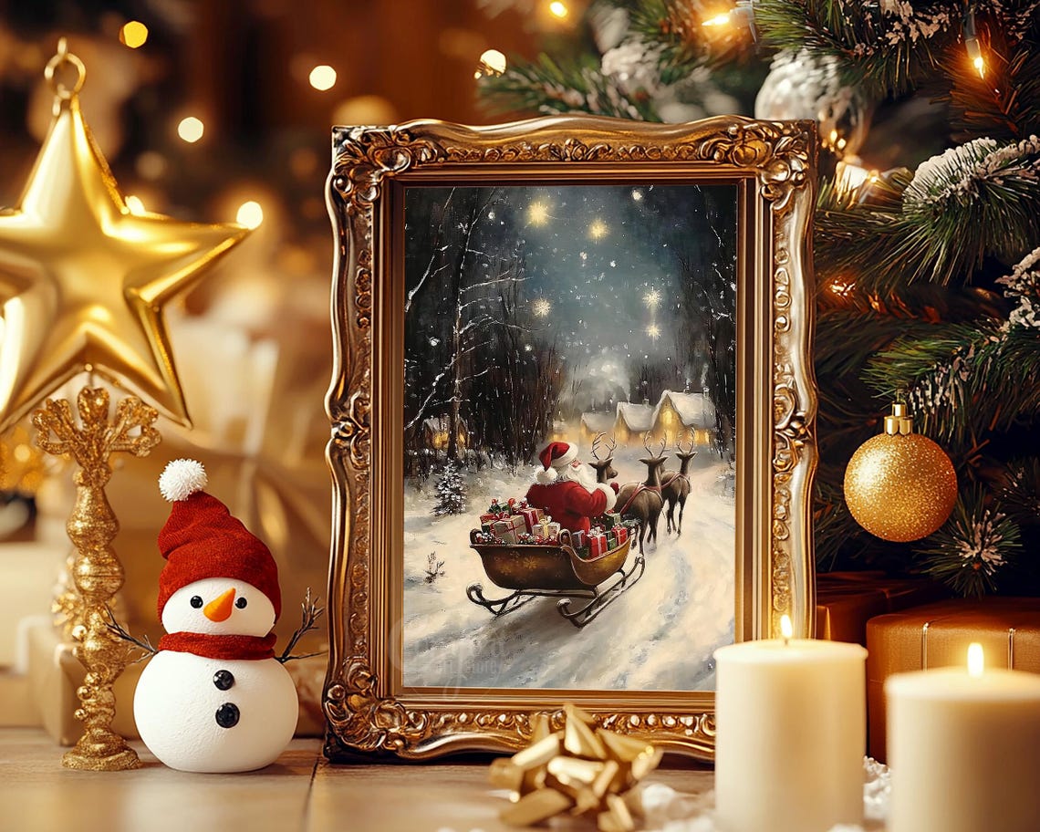 Santa Claus Sleigh Reindeer Snowy Village Starry Night Classic Poster - Image 4