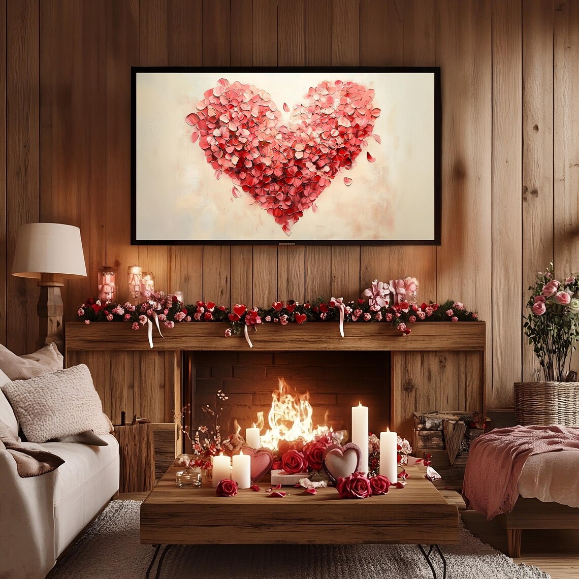 Red Pink Petal Heart Art Oil Painting Romantic Valentines Decor Poster - Image 3