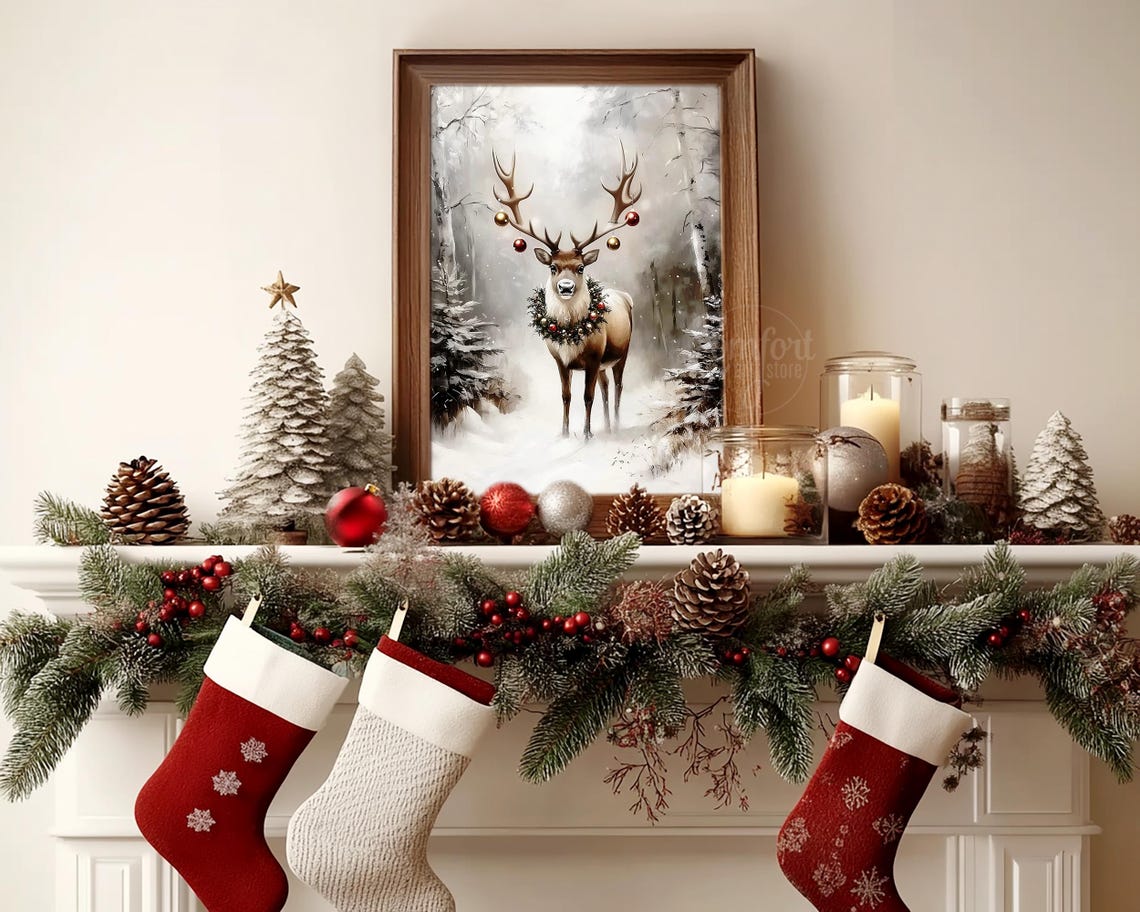 Majestic Deer with Christmas Ornaments on Antlers Snow Poster - Image 4