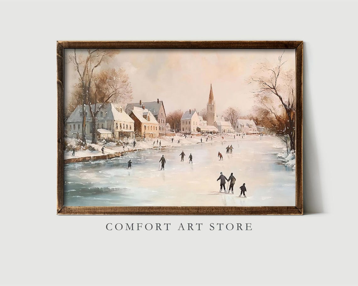 Village Ice Skating on Frozen Pond Winter Landscape Wall Art - Image 8