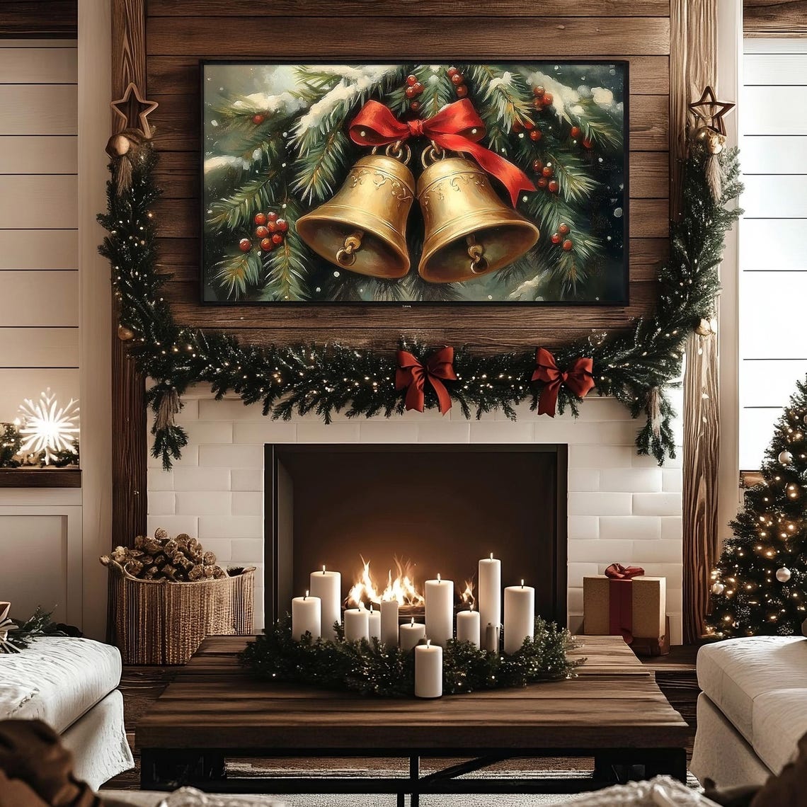 Golden Jingle Bells Tied With A Red Ribbon On Snowy Pine Boughs Print - Image 4