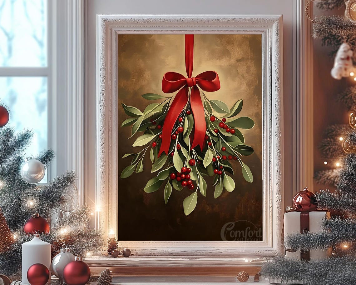 Christmas Hanging Holiday Greenery with Red Berries and Bow Print - Image 7