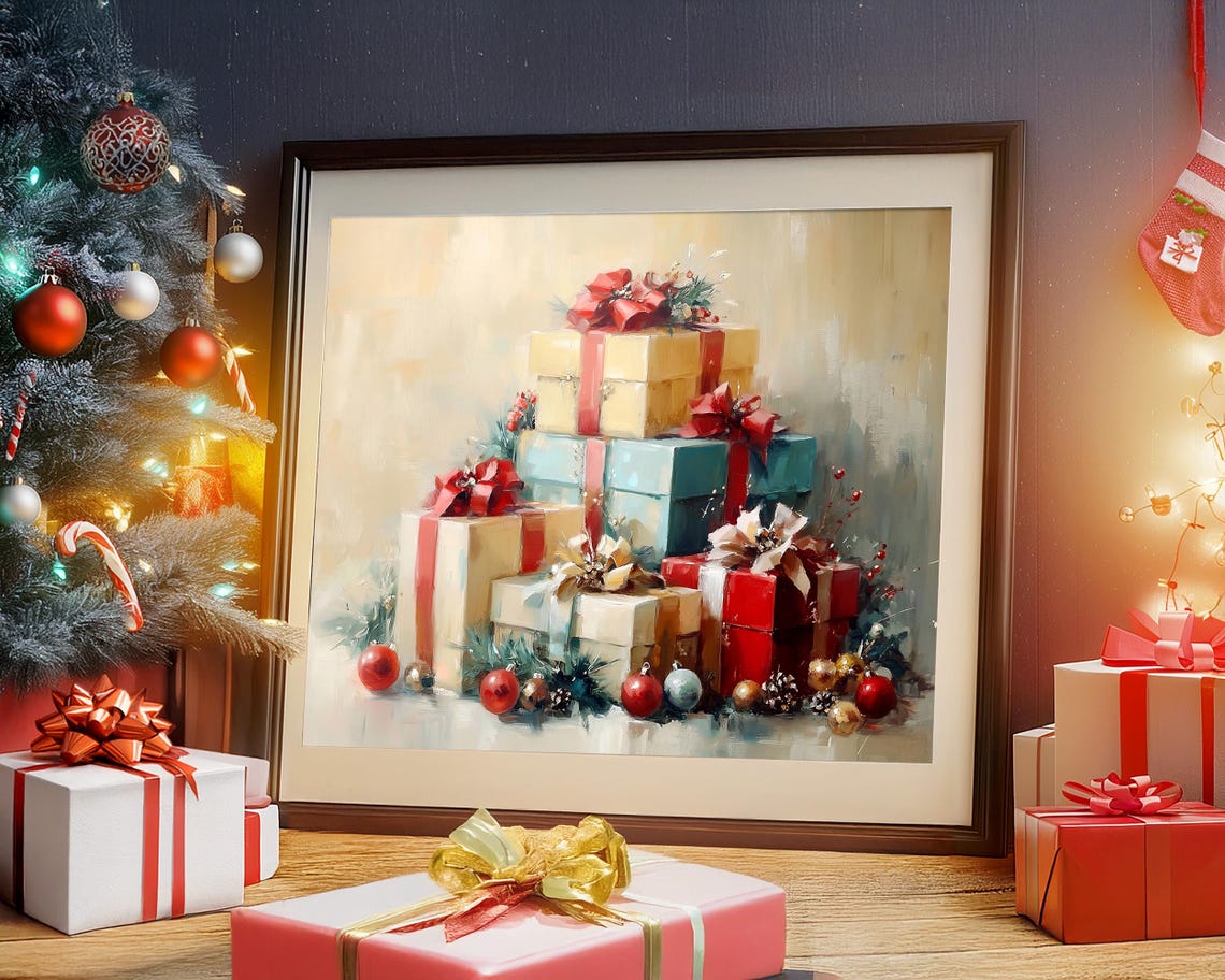 Stack of Christmas Gifts with Ribbons Vintage Holiday Poster - Image 5