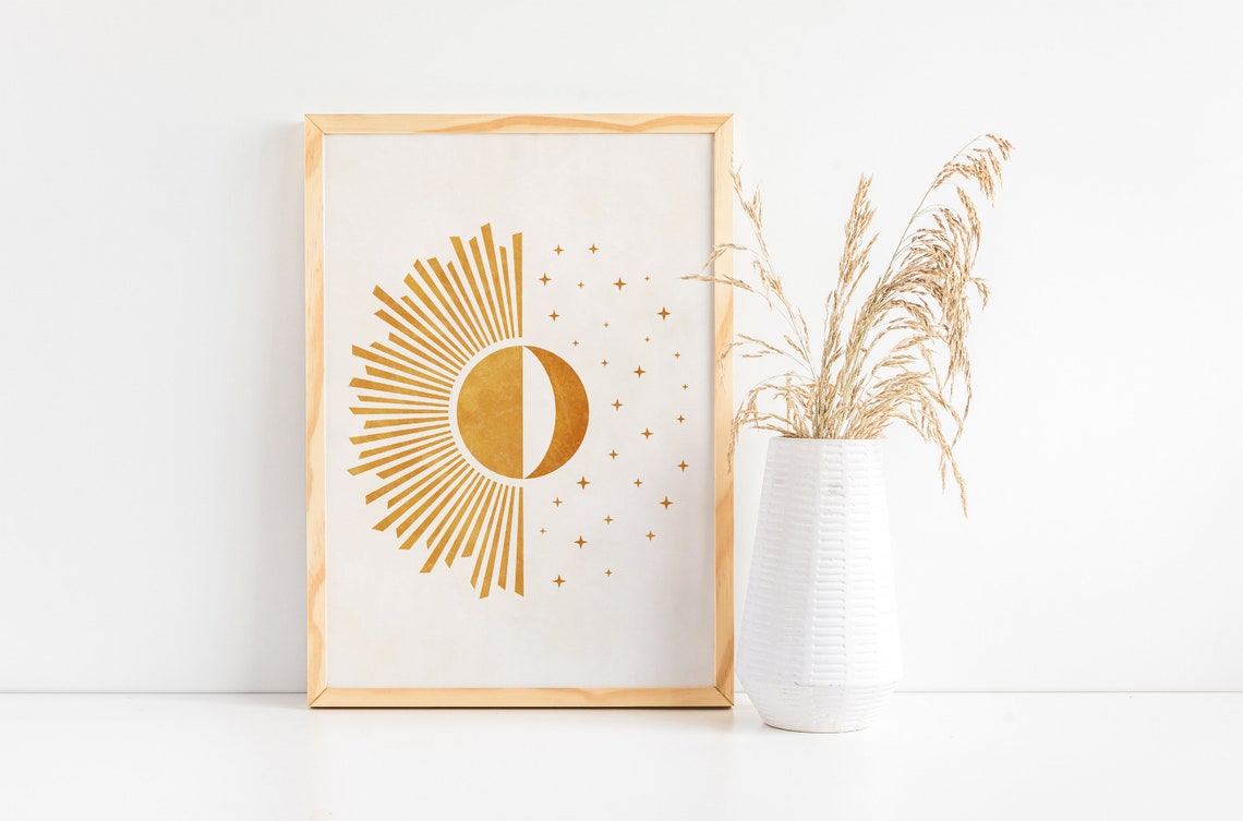 Boho Sun Moon Print Boho Wall Art Boho Day And Night Mid Century Modern Sunburst Print Minimalist Sunshine Boho Crescent Moon - Image 3