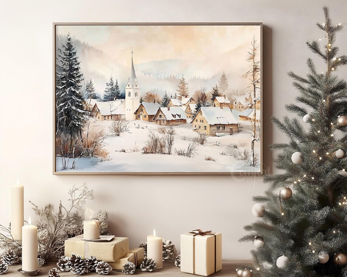 Snowy Village with Church Watercolor Winter Landscape Poster - Image 8