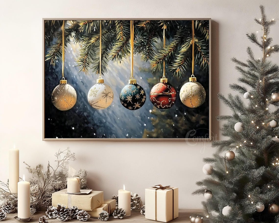 Five Christmas Ornaments Hanging on Snowy Pine Branches Poster - Image 8