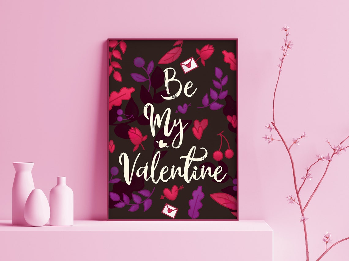 Be My Valentine Script Dark Floral Hearts Romantic Holiday Wall Art - Image 2