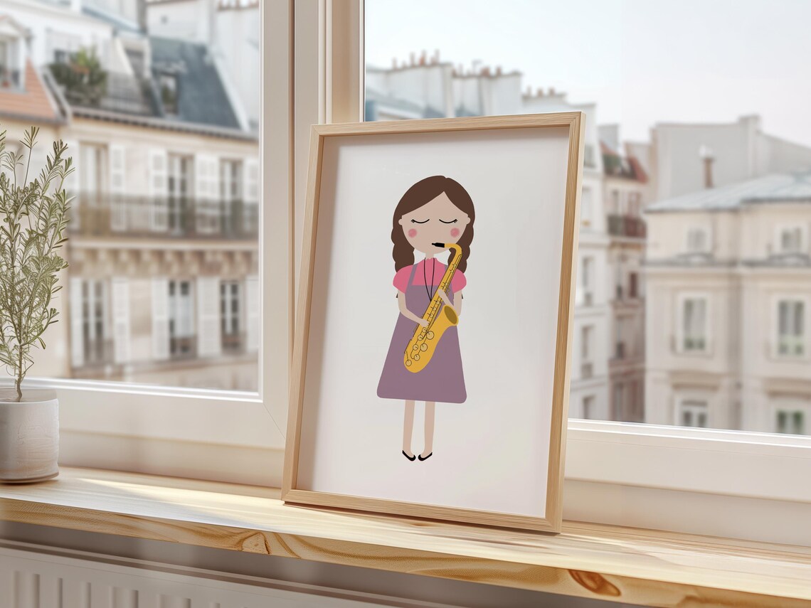 Girl Playing Golden Saxophone Pink Dress Kids Music Instrument Art Poster - Image 2