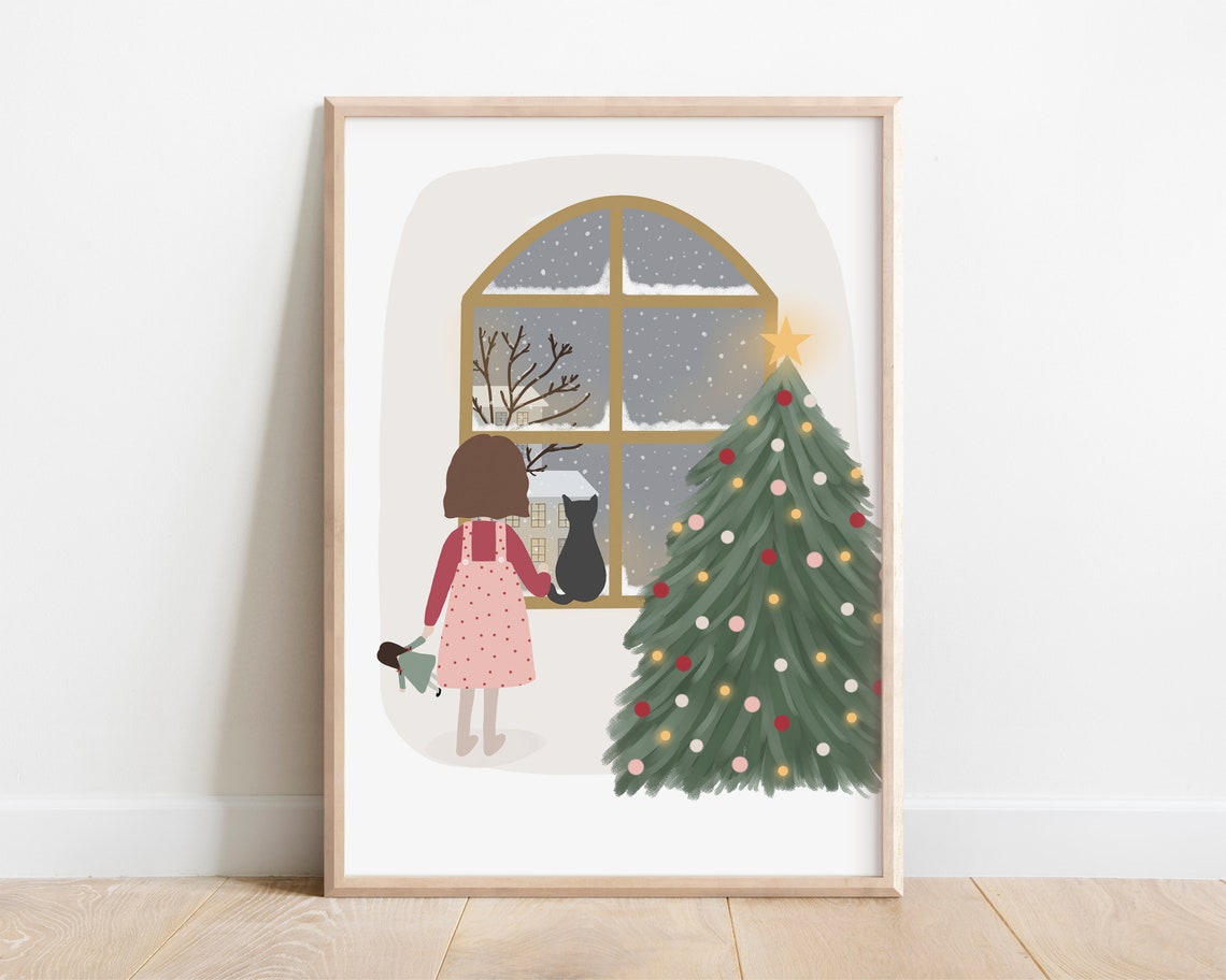 First Snow Girl Watching Snowfall Christmas Tree Cozy Winter Print
