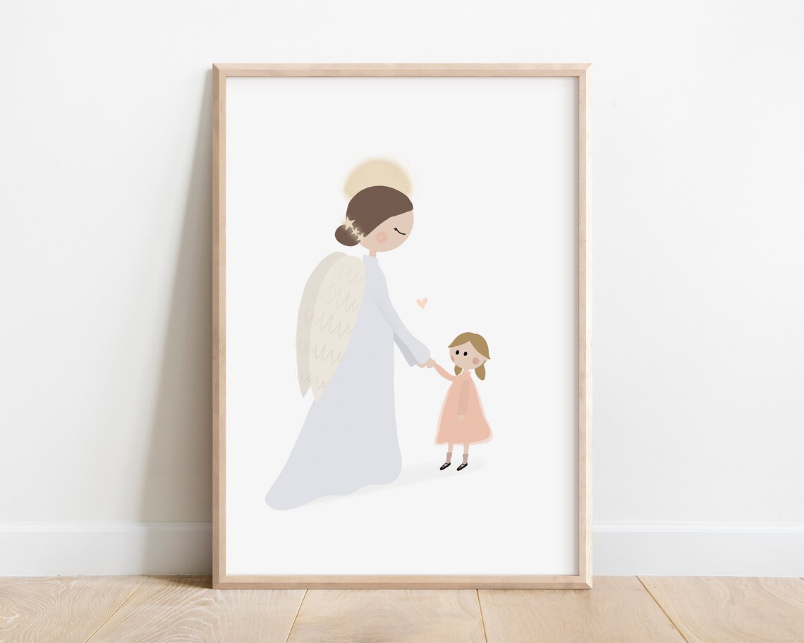 Guardian Angel Holding Little Girl Hand Sweet Nursery Wall Art Print