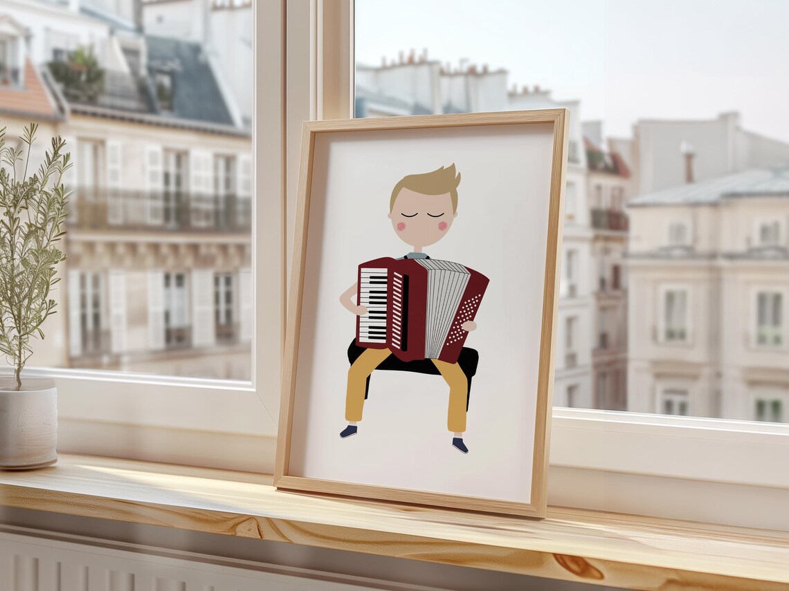 Boy Playing Red Piano Accordion Kids Music Instrument Illustration Poster - Image 3