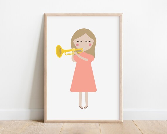 Trumpet Player Girl Minimalist Kids Music Room Decor Art Print