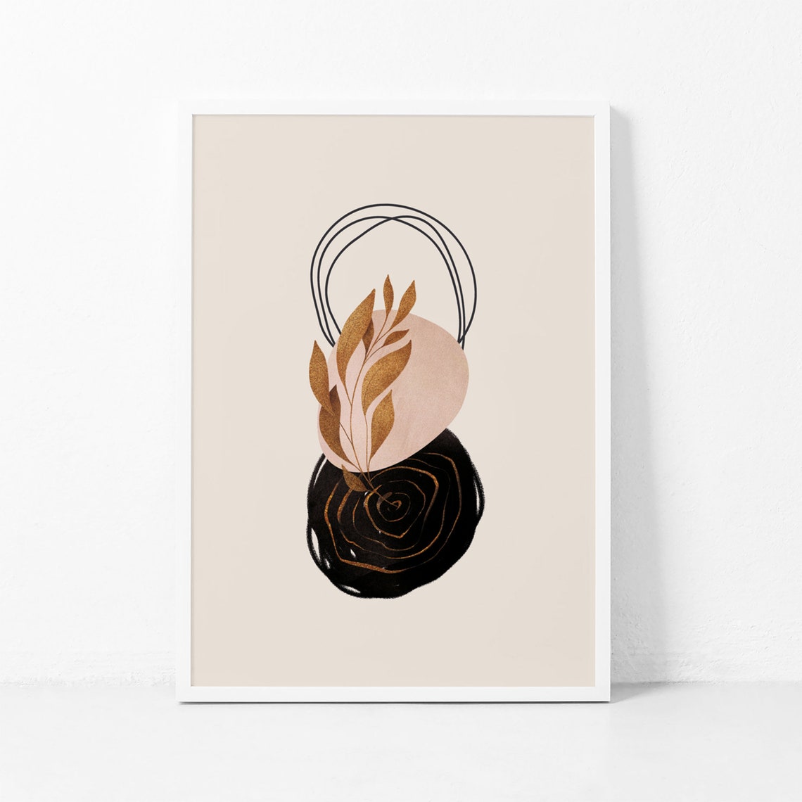 Gold Leaf Branches Abstract Black Swirl Boho Minimalist Art Print