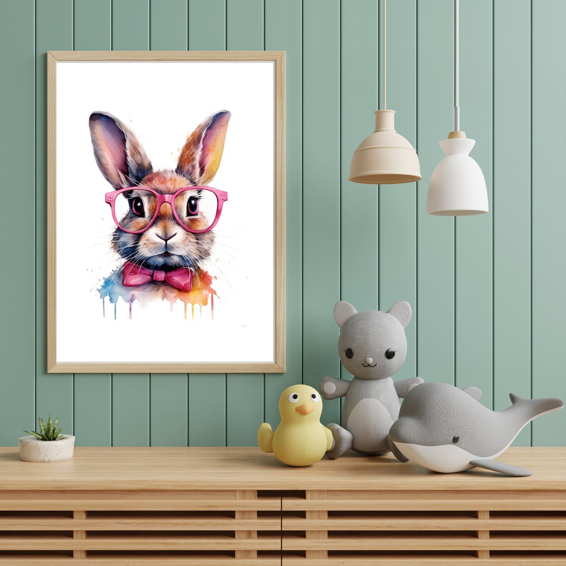 Rabbit With Pink Glasses, Watercolor Painting - Image 3