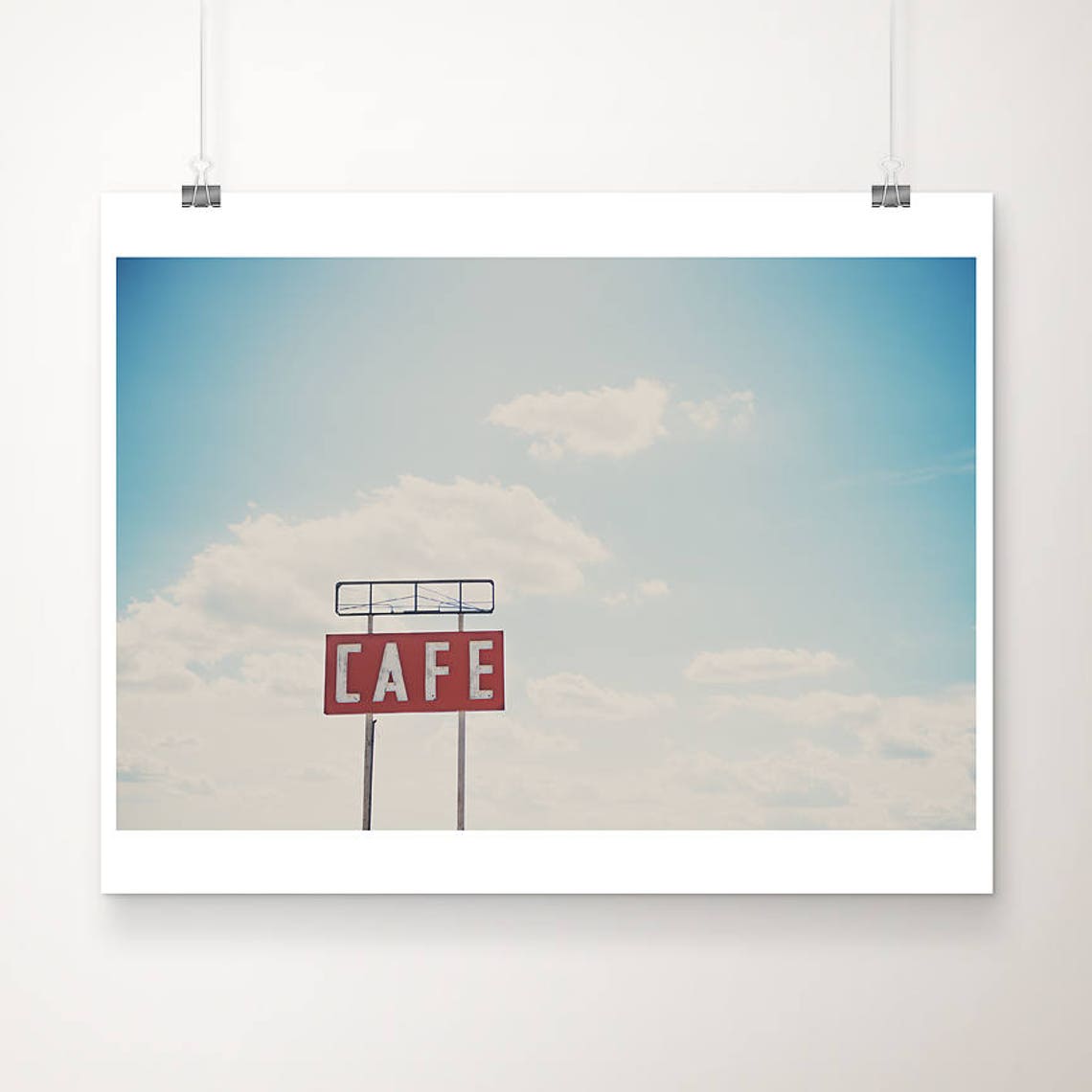Vintage Red Cafe Sign Against Blue Sky Americana Photo Poster