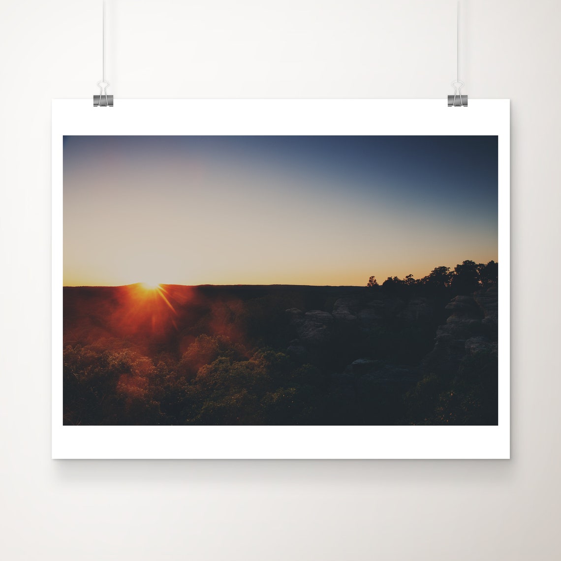 Forest Sunset Glow Rock Cliffs Wilderness Landscape Photo Poster