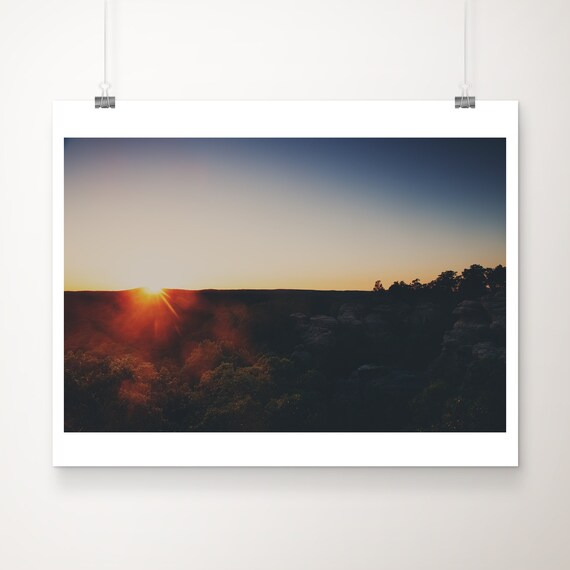 Forest Sunset Glow Rock Cliffs Wilderness Landscape Photo Poster