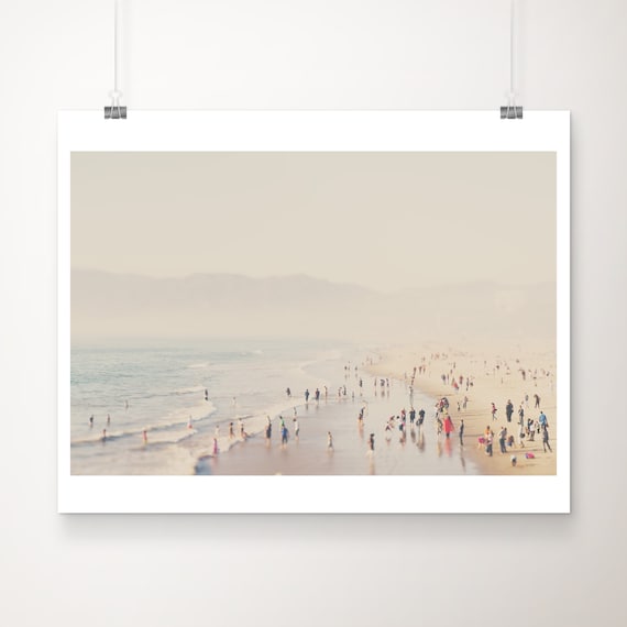 Santa Monica Beach Crowded Shoreline Aerial Photograph Poster