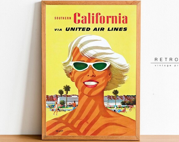 Southern California United Air Lines Retro Airline Travel Poster