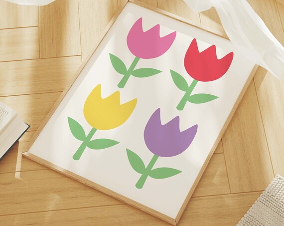 Colorful Flat Tulips Pink Red Yellow Purple Modern Floral Poster