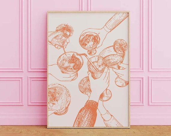 Cheers Cocktail Print Art Cute Orange Bar Car Print Cocktail Bar Art Trendy Kitchen Wall Art