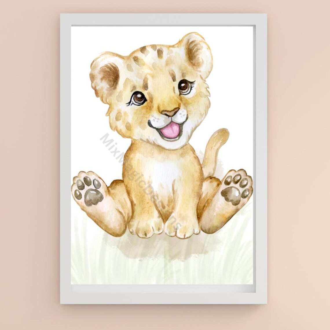 Sweet Baby Lion Cub Watercolor Art Print for Safari Nursery Decor