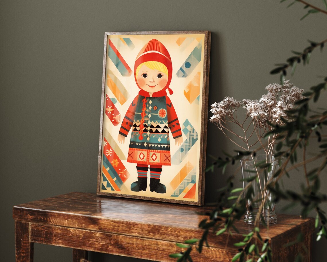 Retro Folk Girl Traditional Dress Colorful Geometric Nursery Print