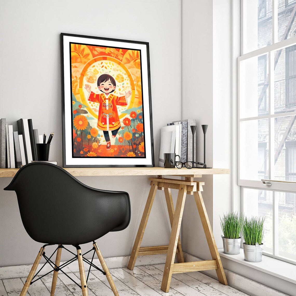 Smiling Chinese Boy in Red Festival Costume Among Sunflowers Poster - Image 3