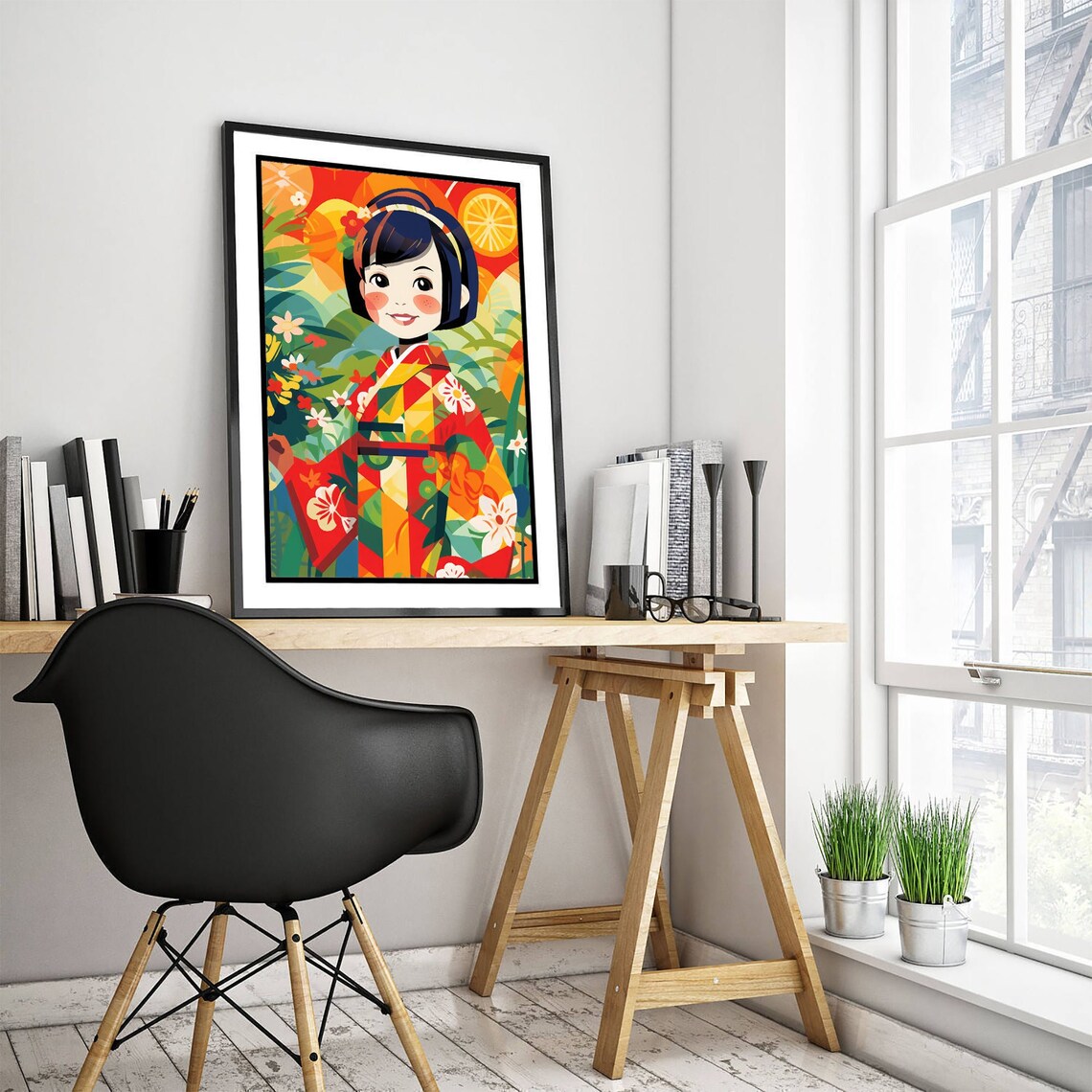Japanese Girl in Colorful Kimono Tropical Flowers Illustration Poster - Image 3