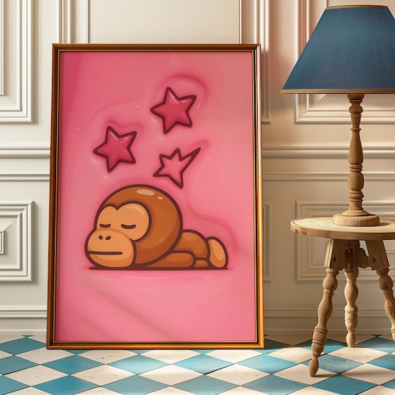 Pink Kawaii Sleeping Monkey Print Nursery Jungle Animal Art