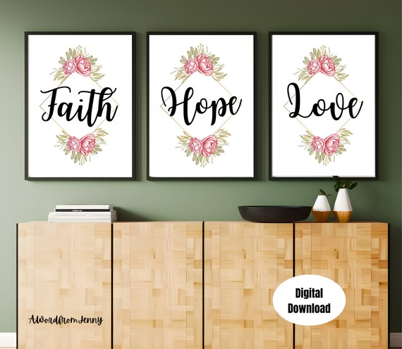 Faith Hope Love Set of 3 Floral Peony Scripture Words Wall Art