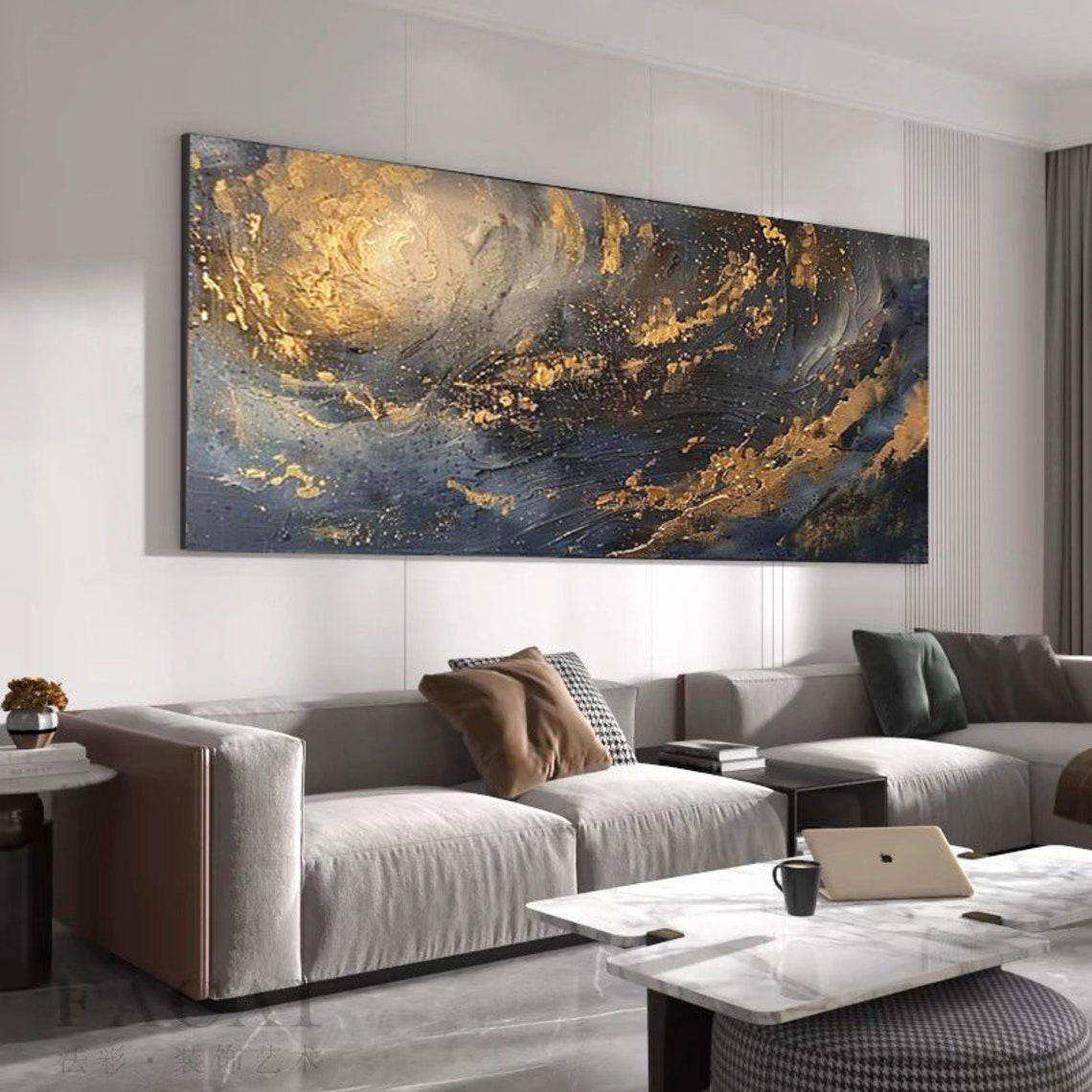 Dramatic Midnight Black and Gold Stormy Swirl Abstract Poster - Image 2