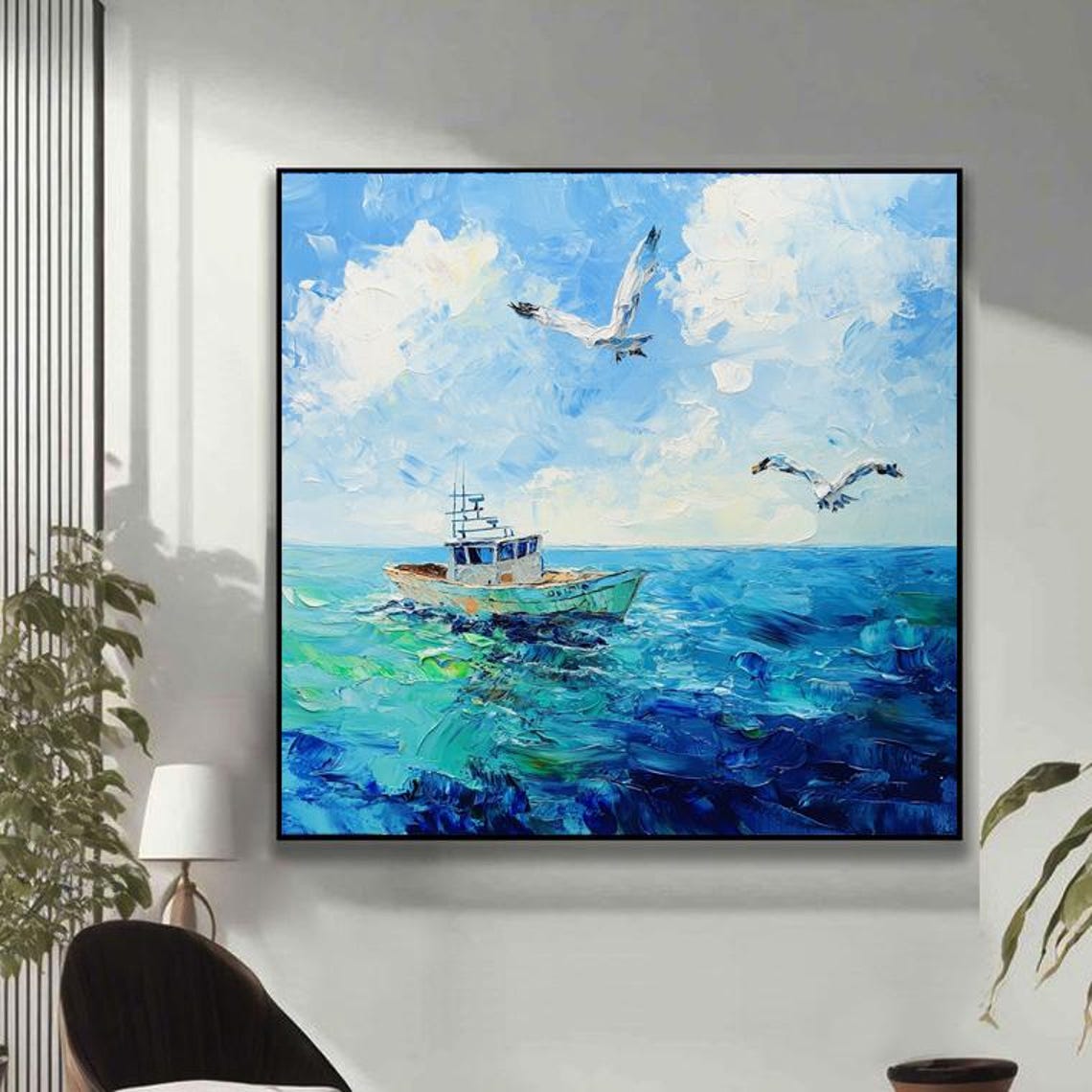 Fishing Boat and Seagulls on a Bright Blue Ocean Coastal Poster