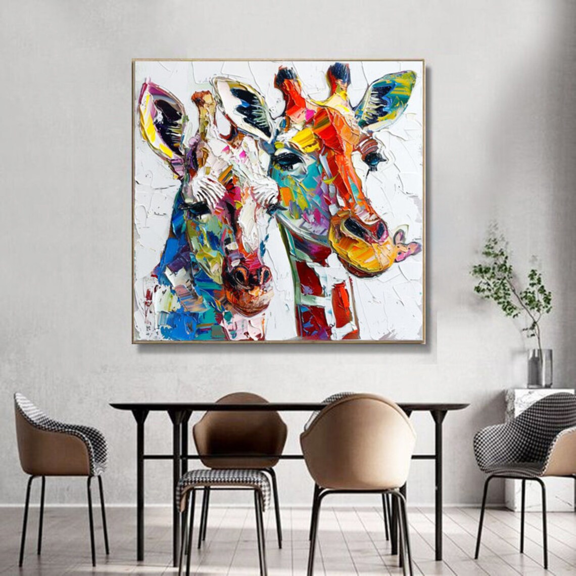 Two Colorful Giraffes Rainbow Palette Knife Animal Painting Poster - Image 2
