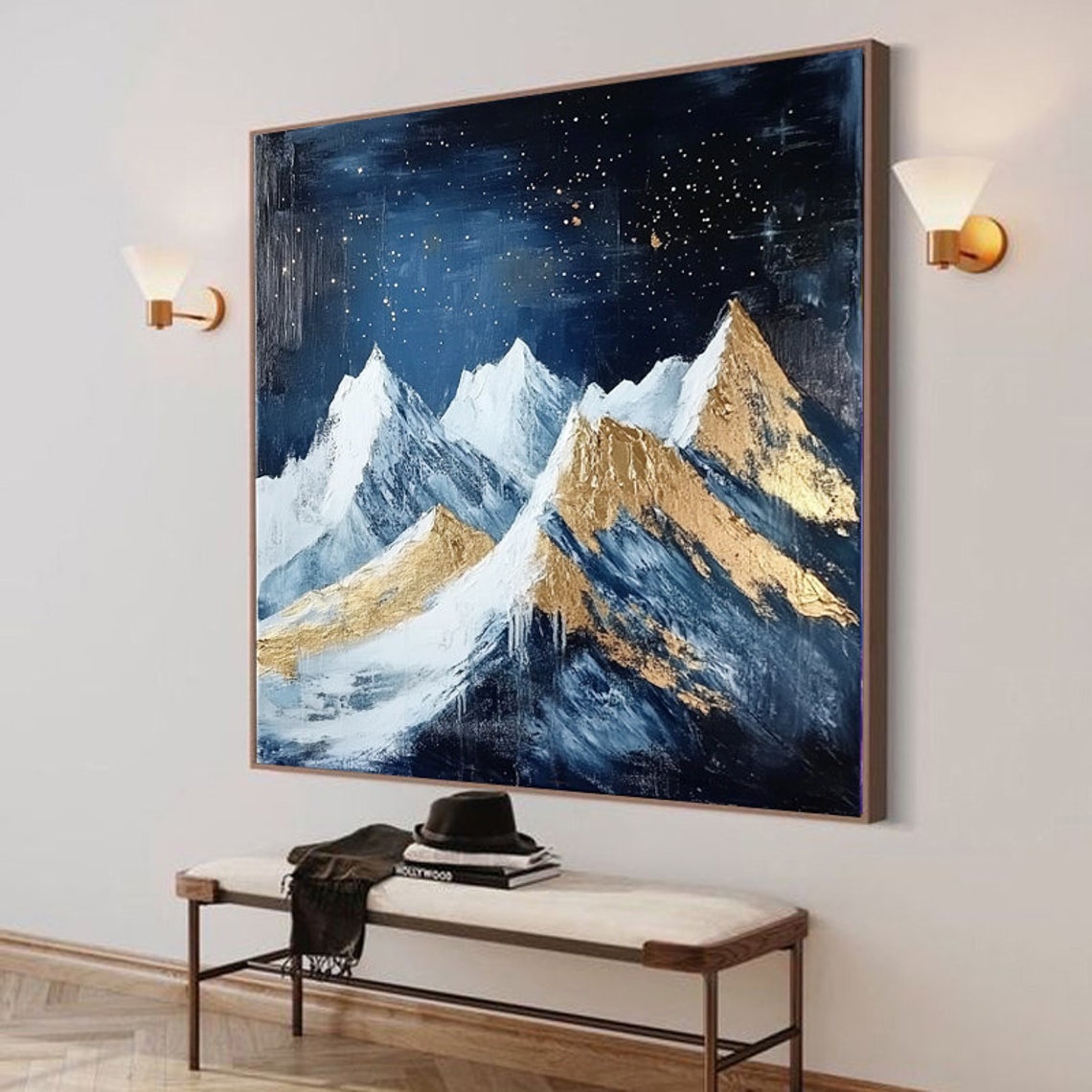 Starry Indigo Night Over Snow Peaks With Gold Touched Ridges Poster - Image 5