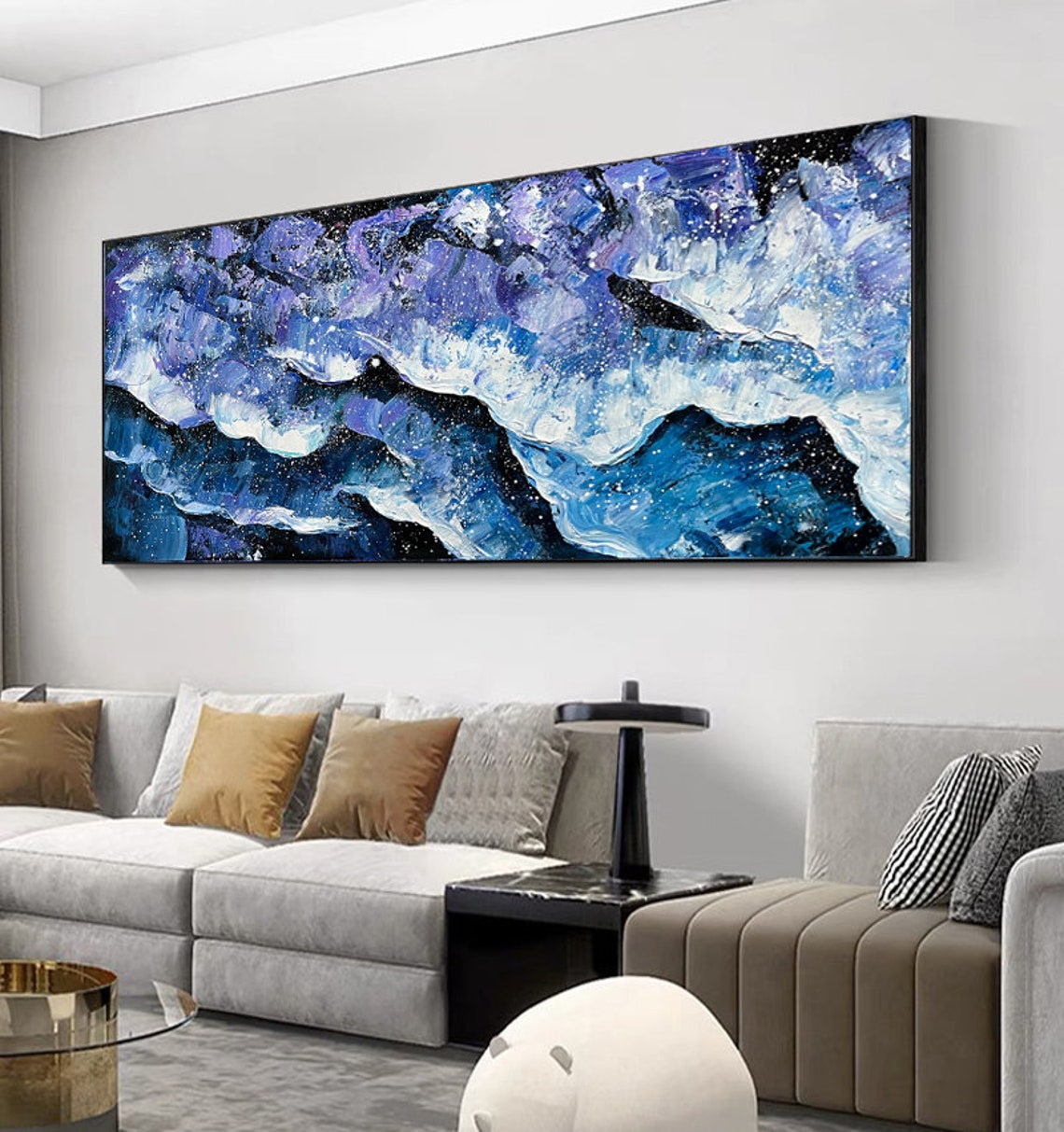 Blue Purple Crashing Waves Thick Texture Abstract Panoramic Art Poster - Image 2