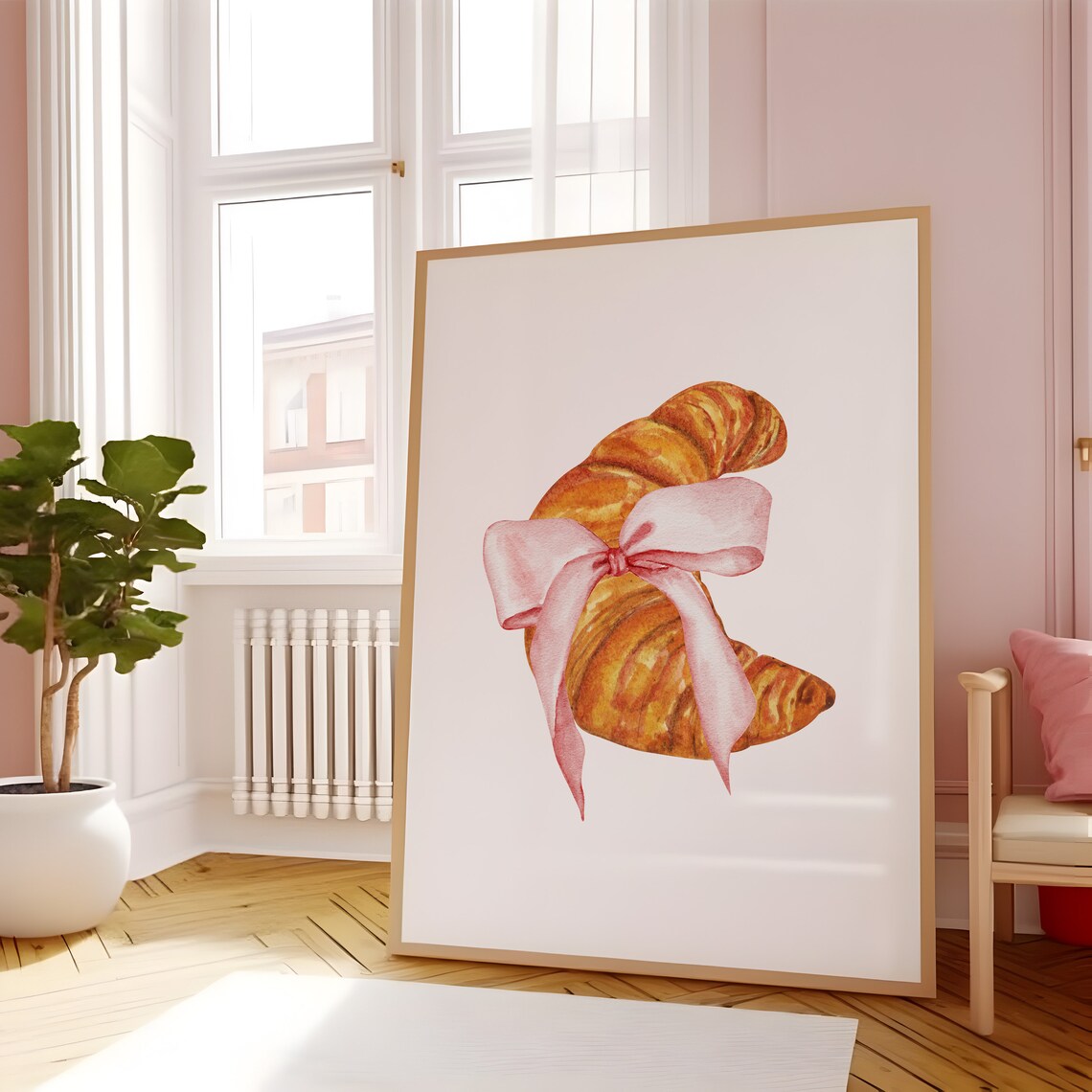 Pink Bow Croissant Watercolor French Bakery Kitchen Art Print - Image 5