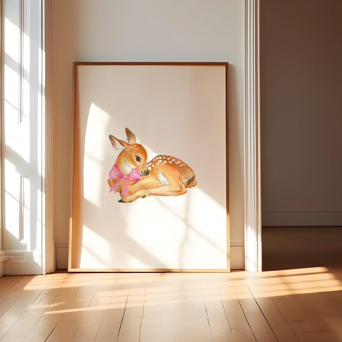 Cute Baby Deer Fawn with Pink Bow Watercolor Nursery Art Poster - Image 2