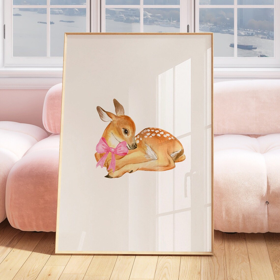 Cute Baby Deer Fawn with Pink Bow Watercolor Nursery Art Poster - Image 4