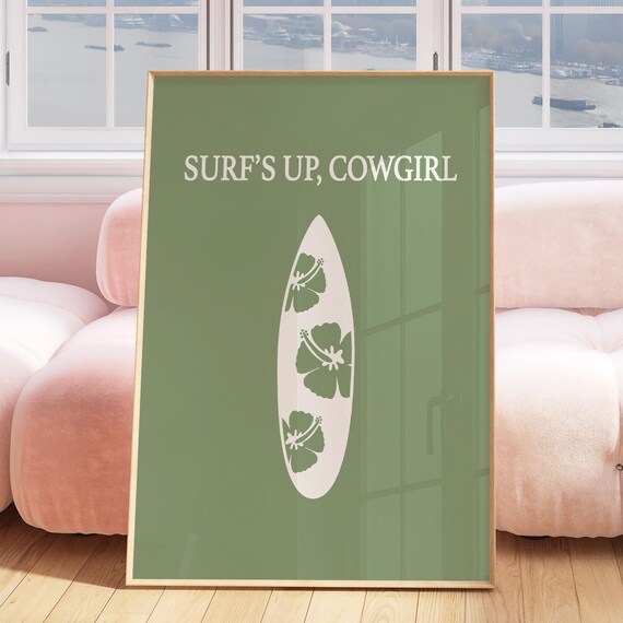 Surf's Up Cowgirl Sage Green Surfboard Hibiscus Beach Poster
