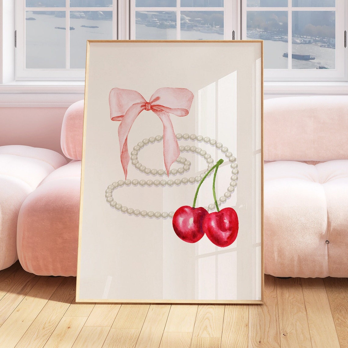 Coquette Pink Bow Pearls And Cherries Watercolor Girly Poster - Image 2