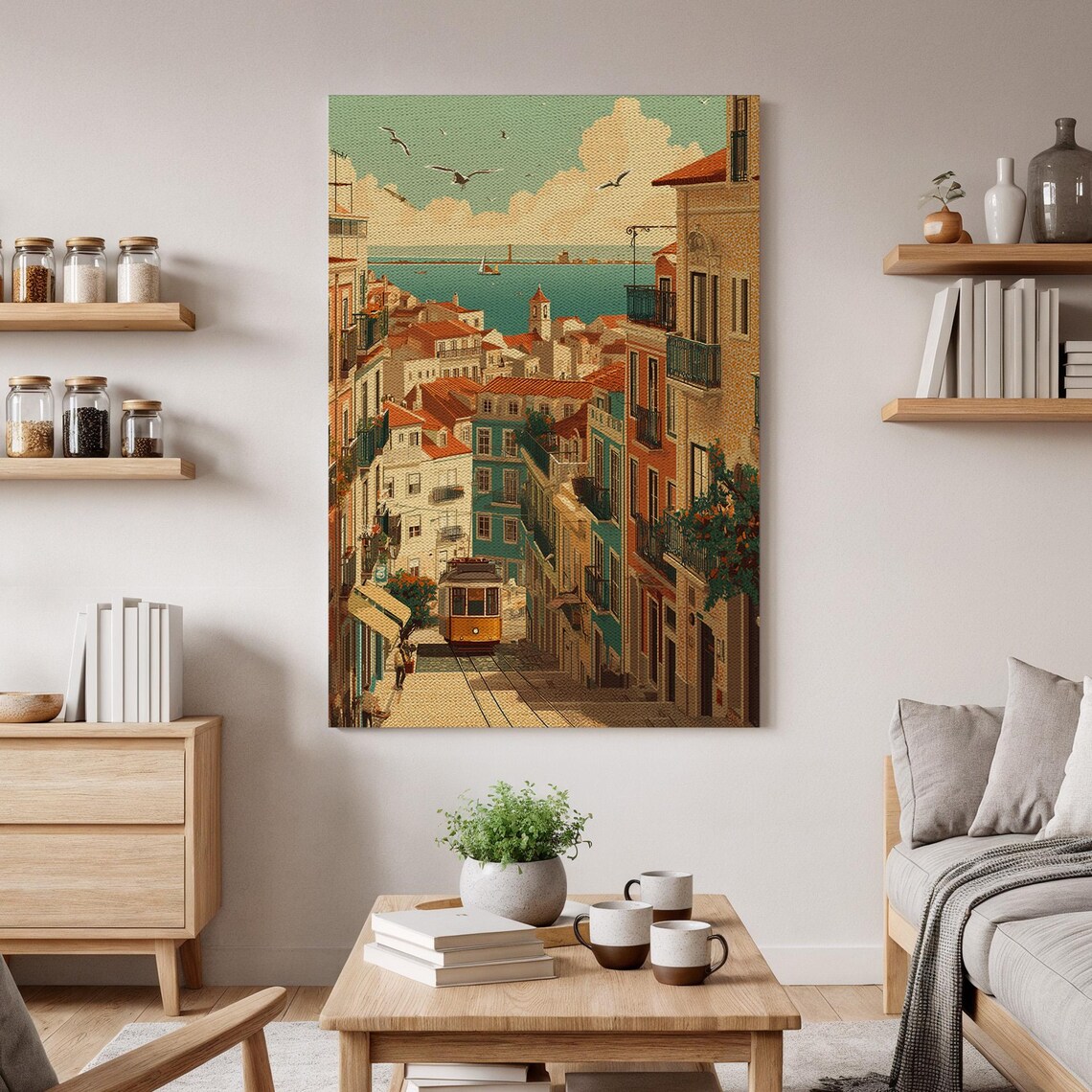 Lisbon Yellow Tram Street Cityscape Vintage European Canvas Poster
