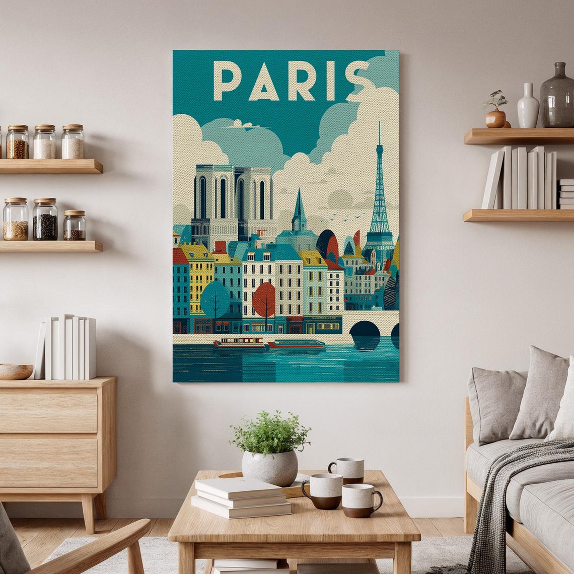 Paris Vintage Travel Eiffel Tower Notre Dame Seine Cityscape Wall Art