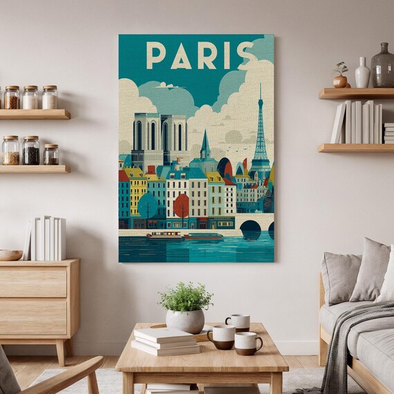 Paris Vintage Travel Eiffel Tower Notre Dame Seine Cityscape Wall Art