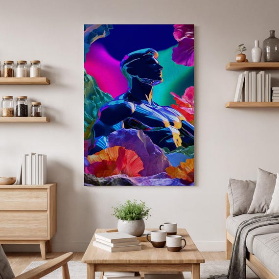 Futuristic Neon Sculpture Canvas Art Colorful Abstract Figure With Floral Design Modern Wall For Artistic Home Decor Stunning Fusion