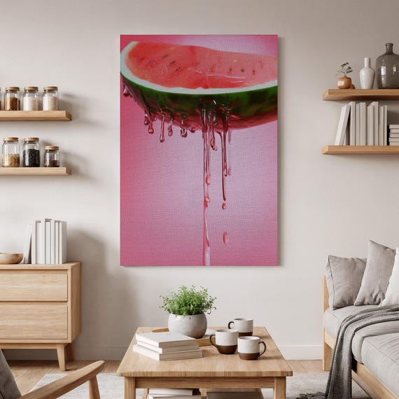 Watermelon Slice Wall Art Juicy Summer Fruit Canvas Pink Dripping Print Vibrant Kitchen Fresh Decor