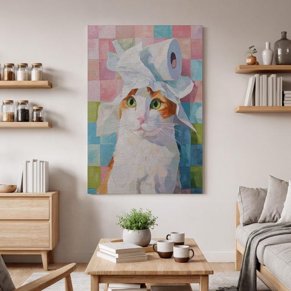 Funny Cat Canvas Wall Art Quirky Toilet Paper Print Whimsical Animal Colorful Decor Playful Artwork For Home