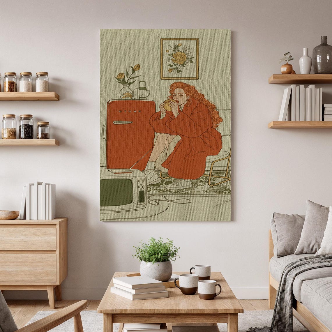 Cozy Retro Girl Vintage Kitchen Warm Nostalgic Illustration Wall Art