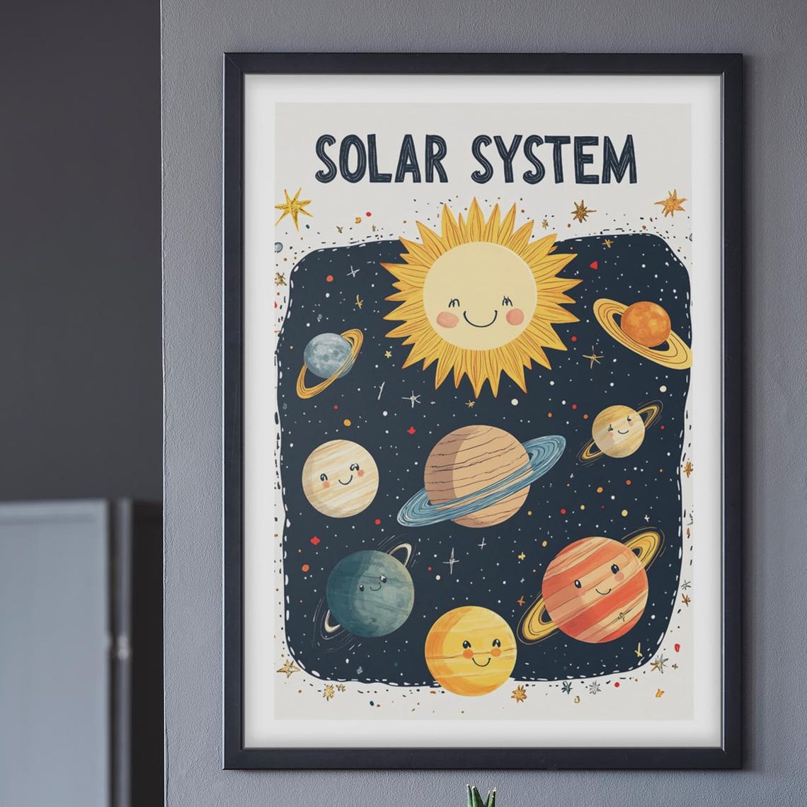 Cute Solar System Starry Night Smiling Planets Nursery Wall Art