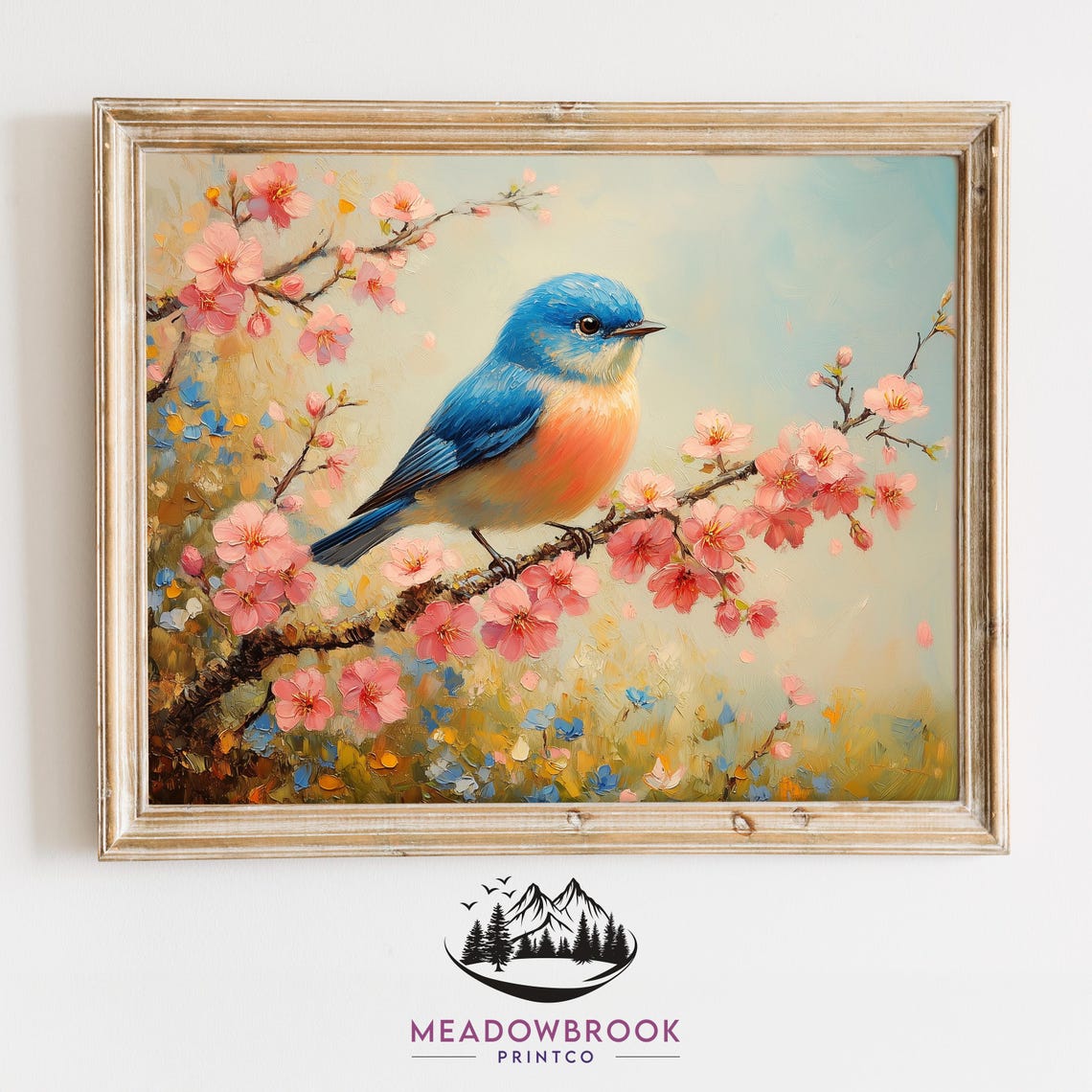 Eastern Bluebird Perched On Cherry Blossom Branch Spring Oil Poster